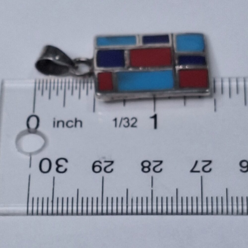 Vintage Sterling Silver Turquoise Coral Lapis Inlaid Rectangle Pendant  7.5g - Picture 7 of 12